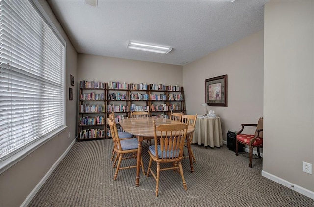 dining room with carpet and a textured ceiling