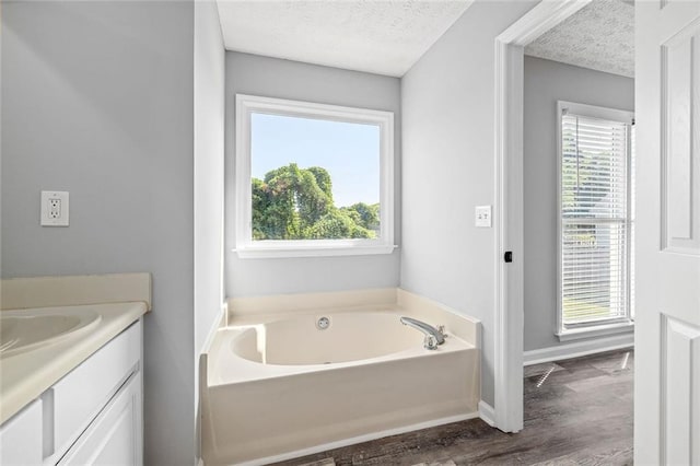 630 River Mill Rd, Bethlehem, GA 30620 - full bath featuring a garden tub, wood finished floors, vanity, a textured ceiling, and baseboards