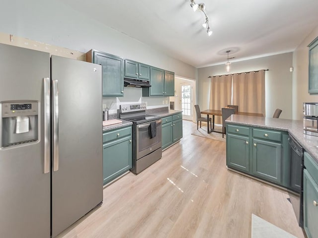388 Oakhaven Way, Villa Rica, GA 30180 - kitchen with appliances with stainless steel finishes, hanging light fixtures, light wood-style flooring, under cabinet range hood, and track lighting