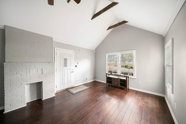 unfurnished living room with a fireplace, high vaulted ceiling, dark wood-type flooring, beamed ceiling, and ceiling fan