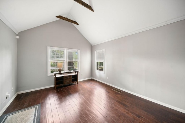 unfurnished room featuring lofted ceiling with beams and dark hardwood / wood-style floors