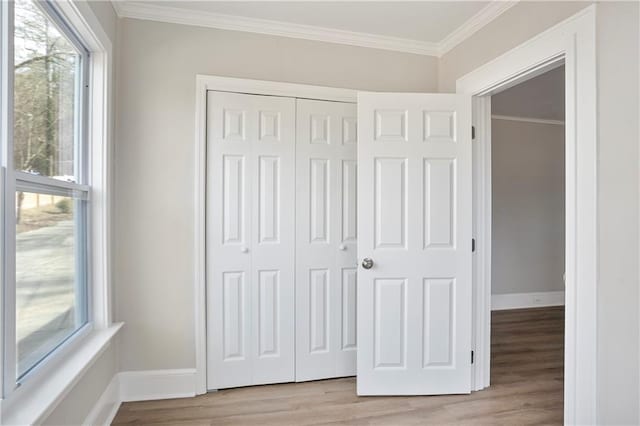 unfurnished bedroom with multiple windows, light wood finished floors, a closet, and crown molding