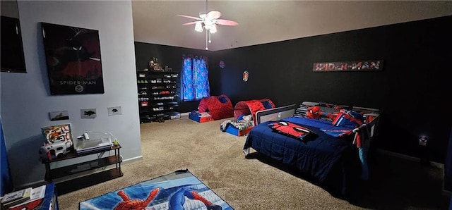 bedroom featuring carpet floors and ceiling fan