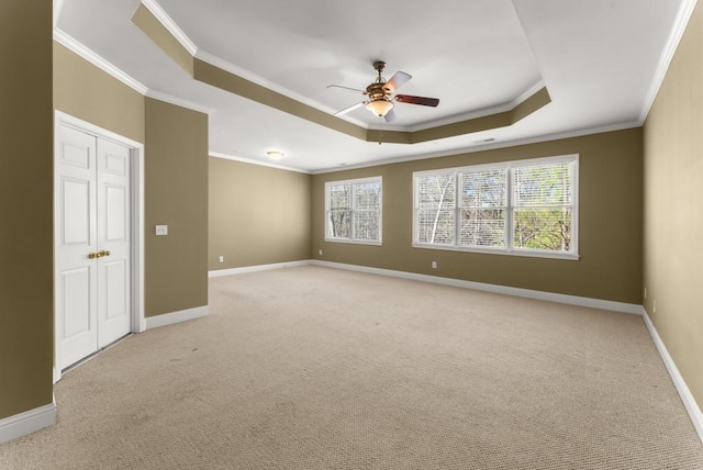 spare room with a tray ceiling, a wealth of natural light, and baseboards