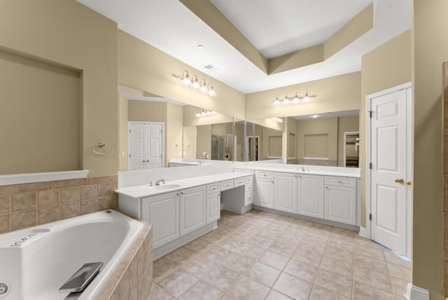 full bathroom with tile patterned flooring, visible vents, vanity, and a bath