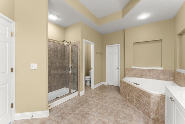 bathroom with a stall shower, baseboards, toilet, tile patterned floors, and a bath