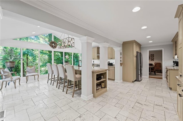 3287 Alton Rd, Atlanta, GA 30341 - kitchen with freestanding refrigerator, ornamental molding, healthy amount of natural light, recessed lighting, and open shelves