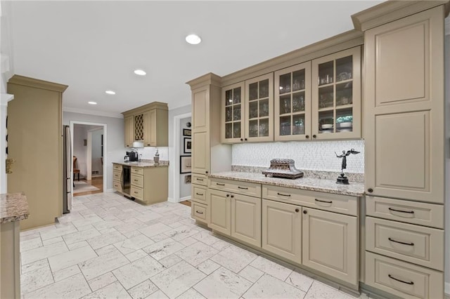 3287 Alton Rd, Atlanta, GA 30341 - kitchen featuring tasteful backsplash, crown molding, recessed lighting, glass insert cabinets, and light stone counters