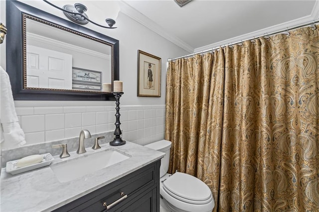 3287 Alton Rd, Atlanta, GA 30341 - full bathroom with toilet, crown molding, tile walls, vanity, and wainscoting