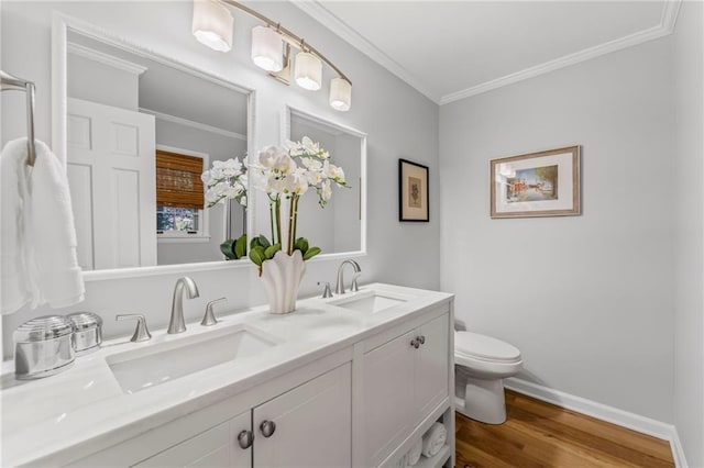 3287 Alton Rd, Atlanta, GA 30341 - full bathroom with ornamental molding, toilet, wood finished floors, double vanity, and baseboards