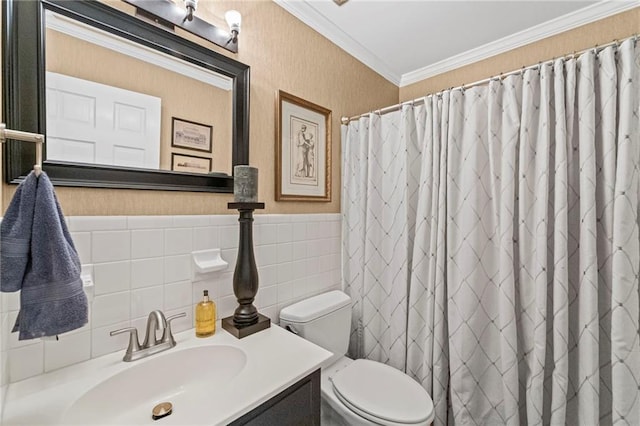 3287 Alton Rd, Atlanta, GA 30341 - bathroom featuring tile walls, toilet, vanity, crown molding, and a shower with curtain
