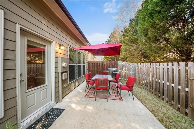 view of patio / terrace with a fenced backyard and outdoor dining space