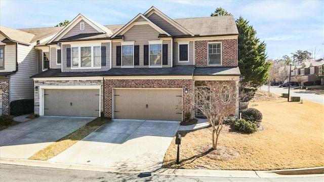 view of property featuring concrete driveway, brick siding, and an attached garage