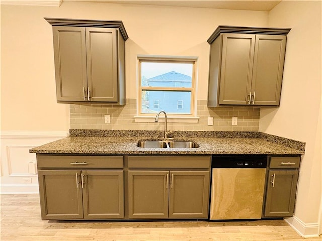 kitchen with sink, light hardwood / wood-style flooring, stainless steel dishwasher, dark stone countertops, and decorative backsplash