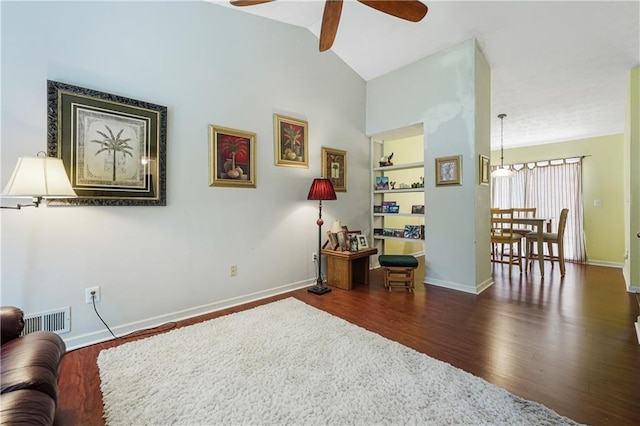 3620 Darwin Pl, Duluth, GA 30096 - living area featuring ceiling fan, wood finished floors, and high vaulted ceiling