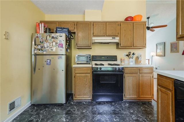 3620 Darwin Pl, Duluth, GA 30096 - kitchen with freestanding refrigerator, gas range, under cabinet range hood, dishwasher, and light countertops