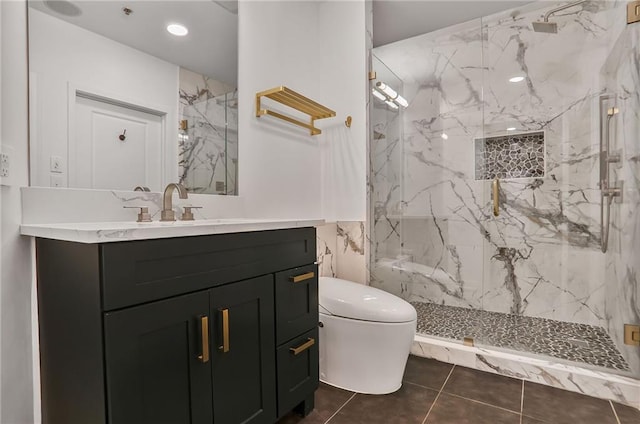 855 Peachtree St NE Unit 1108, Atlanta, GA 30308 - full bath featuring a marble finish shower, vanity, tile patterned floors, and recessed lighting