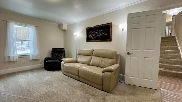 carpeted living room with crown molding