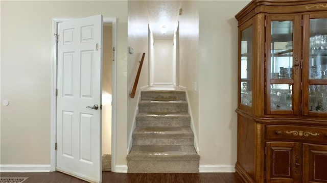 staircase with hardwood / wood-style floors