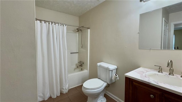 full bathroom with tile patterned flooring, shower / bath combination with curtain, a textured ceiling, toilet, and vanity