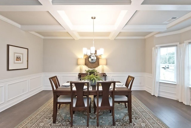 dining area featuring visible vents, dark wood finished floors, coffered ceiling, an inviting chandelier, and beam ceiling