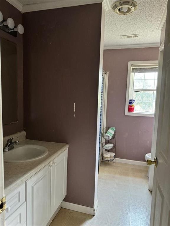 bathroom featuring toilet, vanity, a textured ceiling, and crown molding