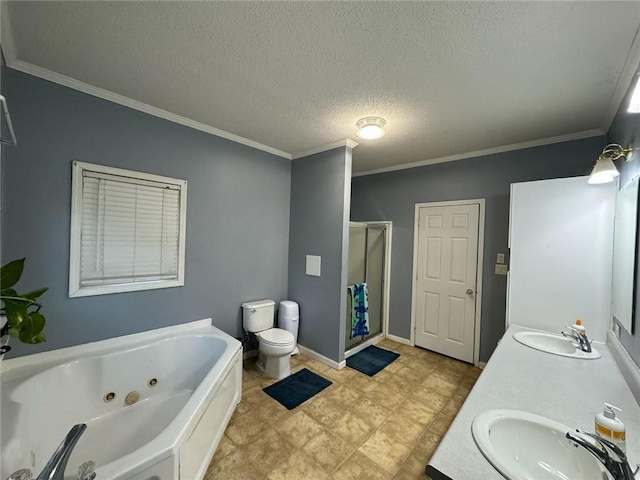 full bathroom featuring ornamental molding, vanity, shower with separate bathtub, a textured ceiling, and toilet