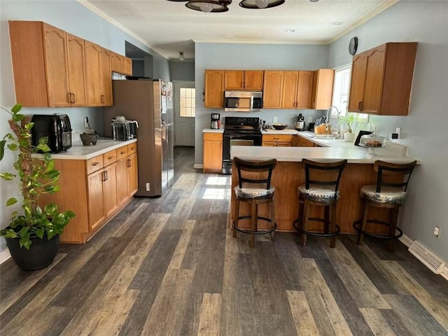 kitchen with dark hardwood / wood-style floors, plenty of natural light, and appliances with stainless steel finishes