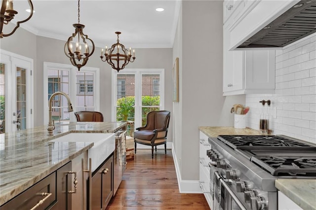 1313 Fallsbrook Ter NW, Acworth, GA 30101 - kitchen featuring custom range hood, appliances with stainless steel finishes, a chandelier, backsplash, and light stone countertops