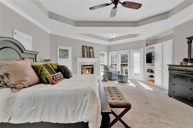 1313 Fallsbrook Ter NW, Acworth, GA 30101 - carpeted bedroom with a tray ceiling, multiple windows, a lit fireplace, and ceiling fan