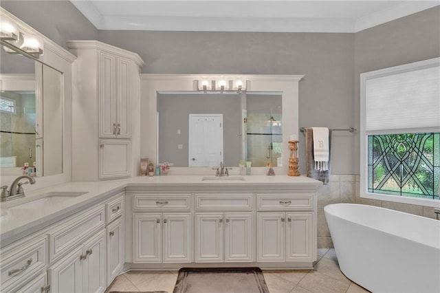 1313 Fallsbrook Ter NW, Acworth, GA 30101 - bathroom with tile patterned floors, a shower stall, double vanity, a soaking tub, and crown molding