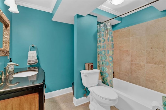 1313 Fallsbrook Ter NW, Acworth, GA 30101 - bathroom with vanity, ornamental molding, shower / bathtub combination with curtain, and tile patterned floors