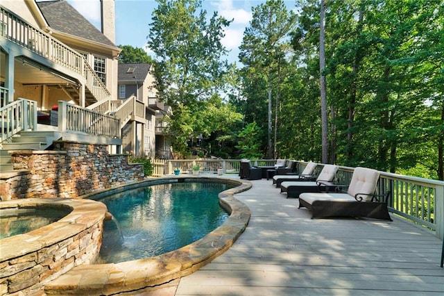 1313 Fallsbrook Ter NW, Acworth, GA 30101 - view of pool featuring stairway, a wooden deck, outdoor lounge area, and a pool with connected hot tub