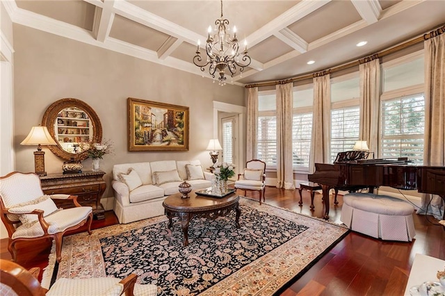 living room with crown molding, coffered ceiling, hardwood / wood-style floors, and beamed ceiling