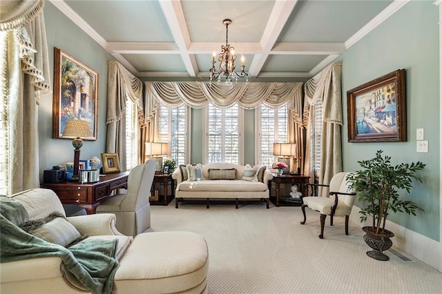 living area with an inviting chandelier, plenty of natural light, light carpet, and beamed ceiling