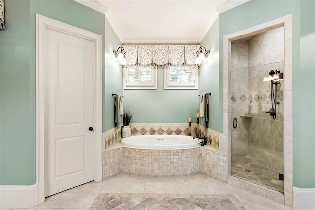 bathroom with crown molding, tile patterned floors, and plus walk in shower