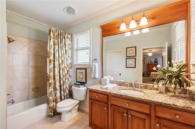 full bathroom featuring shower / bath combination with curtain, tile patterned floors, ornamental molding, and vanity