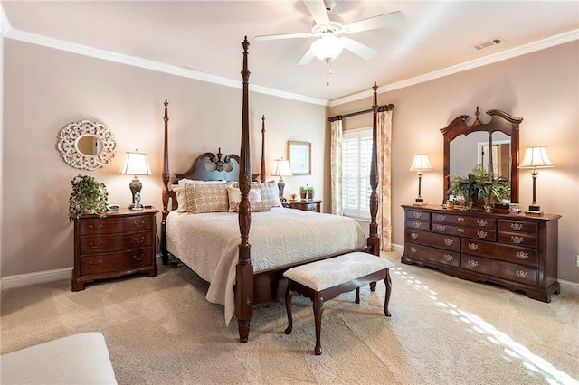 bedroom featuring ceiling fan, ornamental molding, and light carpet