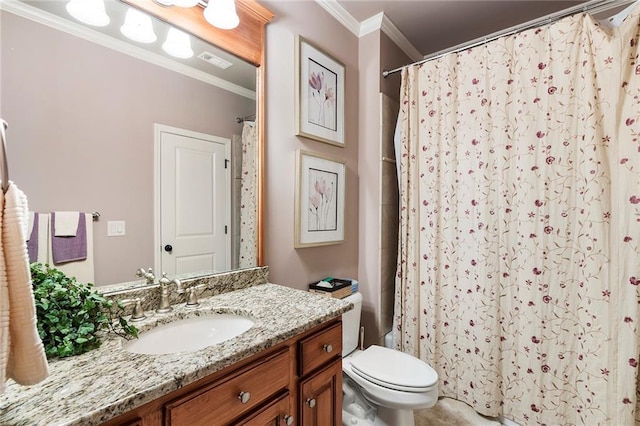 bathroom with vanity, ornamental molding, toilet, and a shower with shower curtain