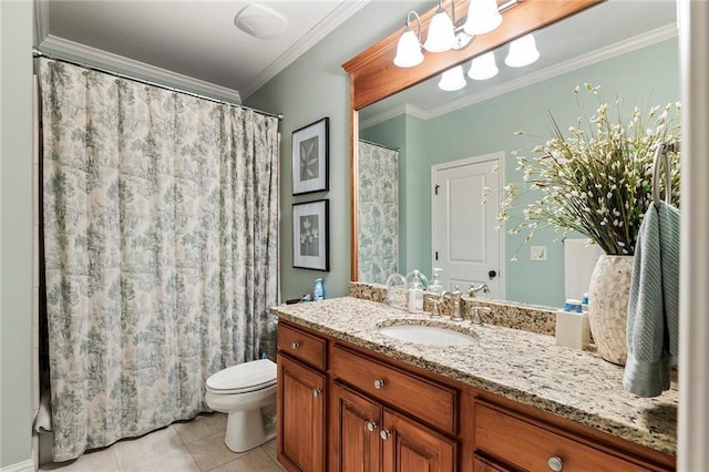 bathroom featuring tile patterned flooring, ornamental molding, vanity, and toilet