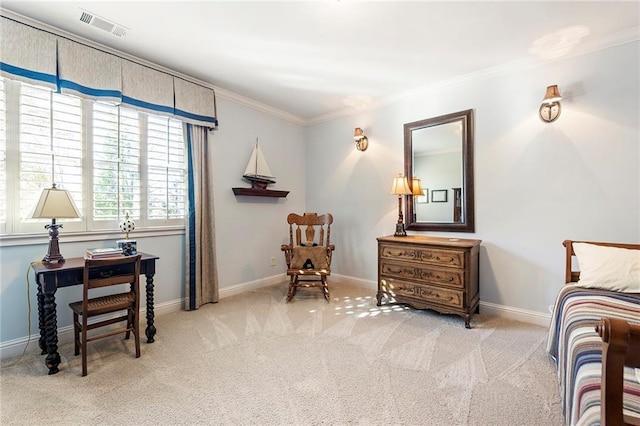 living area featuring ornamental molding and carpet