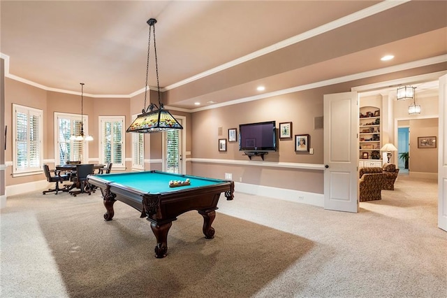 game room featuring billiards, ornamental molding, and carpet flooring