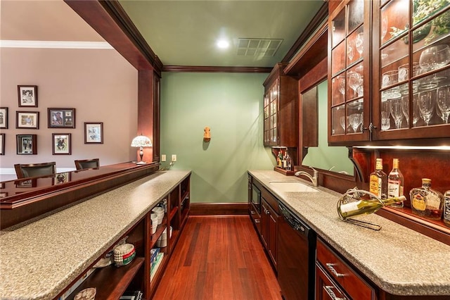 bar with crown molding, dishwasher, sink, and light stone countertops