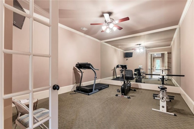 workout area with ornamental molding and ceiling fan