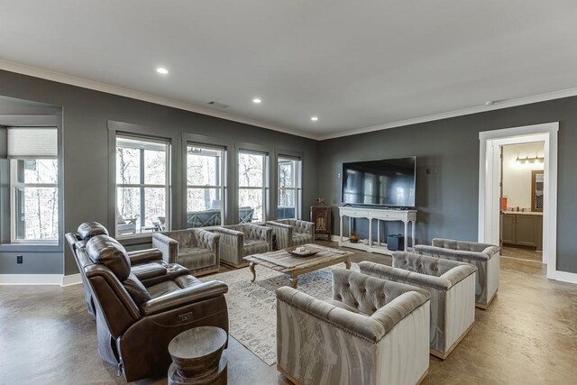 6014 Warpath Rd, Flowery Branch, GA 30542 - living room featuring concrete flooring, baseboards, crown molding, and recessed lighting