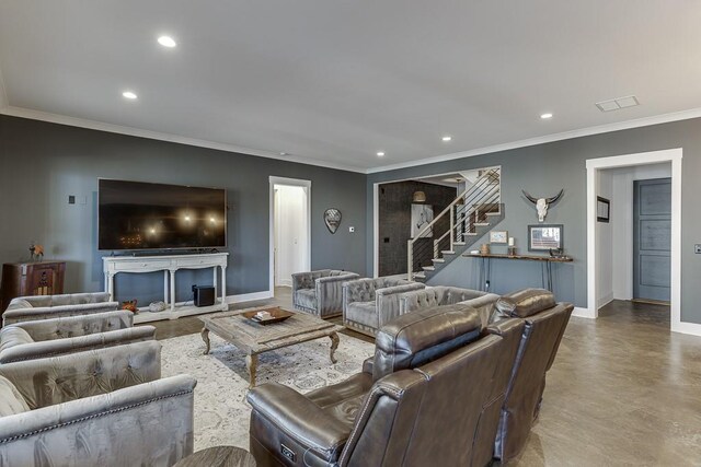 6014 Warpath Rd, Flowery Branch, GA 30542 - living room with baseboards, stairway, recessed lighting, ornamental molding, and concrete floors