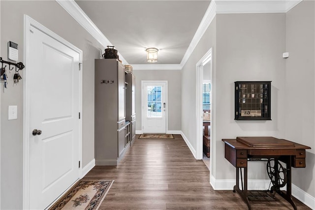 foyer featuring ornamental molding and dark hardwood / wood-style flooring