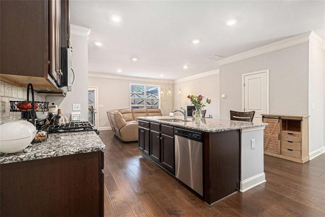 2700 Norwich Trce, Snellville, GA 30078 - kitchen with dishwasher, dark brown cabinetry, dark wood-type flooring, light stone countertops, and crown molding