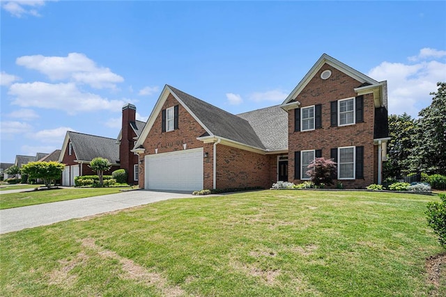 725 Windsor Place Cir SW, Grayson, GA 30017 - traditional-style house featuring brick siding, concrete driveway, a front yard, and a chimney