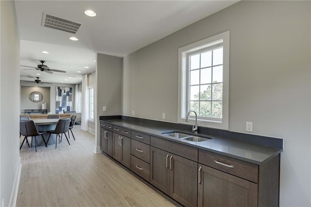 kitchen with dark brown cabinetry, ceiling fan, sink, and light wood-type flooring